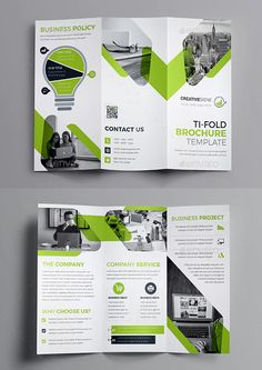 two fold brochure templates with green accents on the front and back side