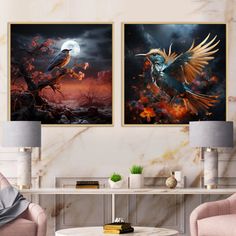 two paintings on the wall of a living room