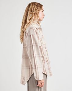 Made from 100% cotton, the Tatum Plaid Shacket is the ideal weight: hefty enough to wear buttoned up on its own, light enough to layer over tanks and tees on brisk days. Its menswear-inspired look is reflected in its oversized details-- giant chest pockets and a roomy fit that's finished with a shirttail hem. 100% cotton Collared Chest patch pockets Button down Locker loop at back Rounded shirt hem Flannel Shacket, Maternity Sleepwear, Plaid Shacket, Ideal Weight, Flannel Women, Flannel Jacket, Wool Blend Jacket, Plaid Jacket, Menswear Inspired