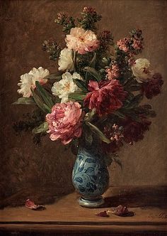 a painting of flowers in a blue and white vase