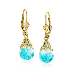 Ross-Simons - Floating Turquoise Drop Earrings in 14kt Yellow Gold. Heads will turn when you wear these breathtaking treasures! Here, delicate 8mm handblown glass beads hold free-form Sleeping Beauty turquoise and are set in polished 14kt yellow gold. Hanging length is 1 1/8". These drop earrings will be the perfect complement to your elegant evening wear! Leverback, floating turquoise drop earrings. Elegant Evening Wear, Colored Jewelry, Turquoise Drop Earrings, Sleeping Beauty Turquoise, Stone Cuts, Fine Jewellery Earrings, Turquoise Color, Turquoise Earrings, Blue Stone