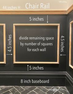 a black wall with three framed pictures on it and the measurements for each wall below