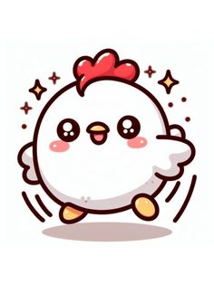 a white chicken with a red bow on its head and stars around it's neck