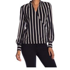 New! Adrianna Papell Surplice Blouse W Stretch. Faux Wrap Blouse V Neck Long Sleeve Blouse. Elegant Striped Blouse, Striped Long Sleeve Party Top, Striped Long Sleeve Party Blouse, Striped Tops For Fall Party, Elegant Striped Blouse For Fall, Elegant Striped Tops For Party, Elegant Striped Fall Blouse, Elegant Striped Party Tops, Chic Striped Office Blouse