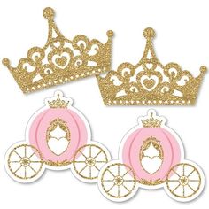 two pink and gold princess crowns on top of each other with hearts in the middle