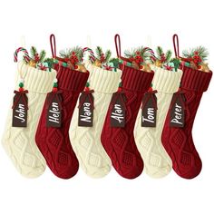 five christmas stockings with candy canes on them and the words merry written on them