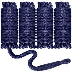 six blue ropes are lined up next to each other and one has a snake on it