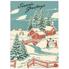 an old fashioned christmas card with a snowman in the foreground and a red house on