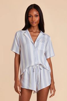 Eddie Pajama Set - Blue Stripe | Birdy Grey Button Up Pajama Set, Womens Pajama Set, Summer Contrast Stripe Tops For Loungewear, Summer Loungewear Tops With Contrast Stripes, Vertical Stripes Tops For Summer Loungewear, Chic Short Sleeve Sleepwear For Loungewear, Trendy Summer Lounging Sleepwear, Chic Summer Sleepwear With Relaxed Fit, Chic Relaxed Fit Summer Sleepwear