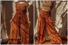 "🌞Our favorite silk hippie boho wide leg jumper is back! WEAR AS PANTS TOO! Now in 4 gorgeous colors. Fits XS-2X. Has pockets and a Stretchy top fitting comfortably up to 44\" waist and bust.  🔥Tie straps allow for strapless fit or shoulder bows!  🌍28\" inseam up to 44\" waist and bust 💧Hand wash separate in cold water🌬 Hang dry" 70s Wide Leg Pants Outfit, Bohemian Jumpsuits And Rompers For Spring Festival, Bohemian Non-stretch Jumpsuits And Rompers For Vacation, Bohemian Non-stretch Jumpsuits And Rompers For Beach, Non-stretch Sleeveless Bohemian Jumpsuit, Bohemian Spring Jumpsuits And Rompers With Elastic Waistband, Bohemian Jumpsuits And Rompers With Elastic Waistband For Spring, Bohemian Sleeveless Non-stretch Jumpsuit, Fitted Bohemian Summer Pants