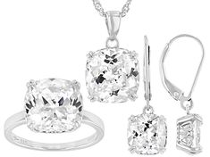 Bella Luce ® white diamond simulant 22.50ctw square cushion, rhodium over sterling silver pendant with chain, ring, and earrings. Ring measures approximately 0.75"L x 0.44"W and is not is sizeable. Earrings measure approximately 1.00"L x 0.31"W and have leverback backings. Pendant measures approximately 0.69"L x 0.44"W and has a 2mm bail. Includes an 18" singapore chain with a lobster claw closure and 2" extender. The diamond equivalent weight is 13.90ctw. Silver Jewelry Set, Silver Jewellery Sets, Pendant With Chain, Diamond Simulant, Chain Ring, Pricing Jewelry, Sterling Silver Pendant, Decorative Bells, Wisdom Quotes