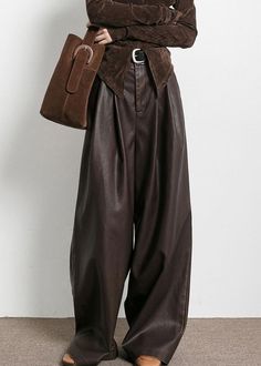 French Brown Pockets High Waist Faux Leather Pants Fall AW1013 - M(Fit for EU 40-42, US 8-10, UK/AU 12-14, IT 44-46)