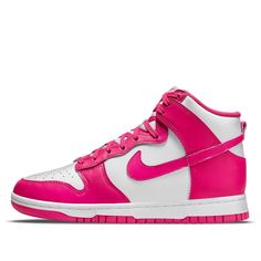 The Nike Dunk High Pink Prime is a stylish, women's high-top sneaker with modern materials. This model is crafted with a smooth white leather upper and bold Pink Prime overlays that provide a unique look and feel. The silhouette is completed by the signature logo Swooshes and a woven Nike tongue label which gives an additional dose of style. Get ready to add the new Nike Dunk High Pink Prime to your wardrobe for unbeatable comfort and style. With its modern design, it will serve you season after season for all-day wearability that looks great on every occasion. Dunk High Pink Prime, Buty Marki Nike, Boty Nike, Dunks Nike, Nike Dunk High, Dunk High, Air Jordan 3, Nike Air Max Plus, Jordan 5