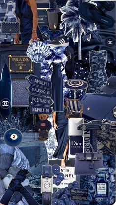 a collage of blue and white items