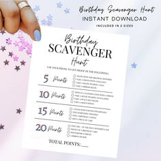 someone holding up a birthday scavenger sheet with the numbers on it and stars in the background