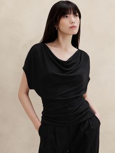 Soft Luxe Cowl-Neck Top | Banana Republic Factory Elegant Cowl Neck Top For Work, Elegant Draped Tops For Layering, Elegant Draped Top For Workwear, Elegant Draped Workwear Tops, Versatile Foldover Top For Workwear, Black Cowl Neck Top For Evening, Draped Tops For Evening, Professional Foldover Top For Workwear, Elegant Draped Tops For Evening