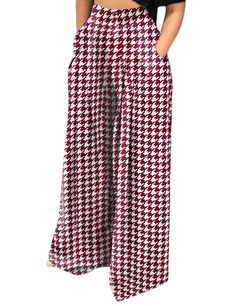 Red Plaid Print Wide Leg Pants with Pockets Red Wide Leg Pants With Pockets For Fall, Red Non-stretch Wide Leg Pants With Pockets, Red Non-stretch Bottoms With Pockets, Non-stretch Red Pants With Pockets, Burgundy Bottoms With Pockets, Burgundy Long Pants With Pockets, Red Casual Wide-leg Pants, Casual Red Wide-leg Pants, Wide Leg Burgundy Pants With Pockets