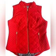 New With Tags Pit To Pit 19” Length In Front 24” Back Length 25” Two Pockets Gold Hardware 100% Polyester Blue And White Pattern On The Inner Lining Smoke Free Home Beautiful Red Quilted No Call Out Tags : Vest , Red , Quilted Vest , Sleeveless, Puffy , Crown & Ivy, Warm, Winter , Holidays, Gifts , Xmas , Christmas Red Fitted Sleeveless Outerwear, Fitted Red Sleeveless Outerwear, Red Sleeveless Fall Outerwear, Red Sleeveless Outerwear For Fall, Fitted Red Vest Outerwear, Red Sleeveless Vest Outerwear, Navy Blue Quilt, Animal Print Vests, Blue And White Pattern