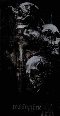 three skulls are shown in black and white, with the words misking me on it