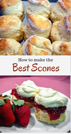 the best scones with strawberries and cream on top are shown in this collage