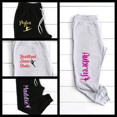 Dance Joggers - Dance Leggings - Dance Pants - Dance Sweat Pants - Warm up pants - Tap Dance - Ballet - Jazz - Personalized Gift Please complete all questions in the personalization box for your item.  These joggers and leggings are great to get for your favorite dancer. The pants are completely customizable so you are able to pick your dance image, design color, font style and name or school added to the front or side of the pants.  Joggers and leggings both have a pocket on each side for a phone or other belongings.  Shipping: Products are shipped via first class mail and take 3-5 business days. No refunds or exchanges, but if you have a problem, please contact me so that I can try to resolve the issue. Stretch Hip Hop Pants For Sports, Stretch Ballet Bottoms For Dance Class, Footless Ballet Bottoms For Dance, Fitted Ballet Bottoms For Dance Class, Stretch Full Length Dance Bottoms, Ballet Dance Bottoms Footless, Ballet Dance Bottoms, Stretch Dancewear Bottoms With Elastic Waistband, Stretch Bottoms With Elastic Waistband For Dancewear