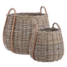 two round baskets with handles are shown in grey and brown wicker, one is empty