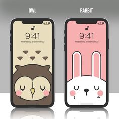 two iphones with cartoon animals on them, one is pink and the other is brown