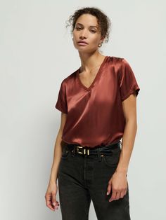 The V neck version of your favorite luxe Hammered Satin tee with a laid-back ribbed neckband. Sexy, effortless, and already a classic. (This one comes in Cinnamon.) | Women's June Short Sleeve Top in Cinnamon | Ethical Essentials Relaxed Fit Everyday T-shirt, Sleek Relaxed Fit Tops For Workwear, Sleek Solid Color Tops For Everyday Wear, Sleek Relaxed Fit Tops For Work, Sleek Solid Color Tops For Everyday, Sleek Solid Color Everyday Tops, Sleek Everyday Solid Color Tops, Chic V-neck T-shirt For Fall, Chic Fall V-neck T-shirt