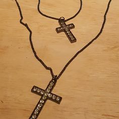 Double Cross Necklace. The Longer Chain Holds The Larger Cross. Shop And Save By Using My Bundle Deal! Happy Poshing :) Double Cross Necklace, Lace Camisole Top, Girl Jewelry, Lace Camisole, Material Girl, Material Girls, Dream Jewelry, Rhinestone Necklace, Long Chain