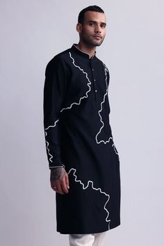 Blue chanderi kurta with placed threadwork contour abstract patterns. Comes with pant. - Aza Fashions Diwali Fitted Kurta With Geometric Embroidery, Unstitched Geometric Embroidery Kurta For Festivals, Luxury Men's Chanderi Kurta, Ceremonial Embroidered Kurta With Stand Collar, Ceremonial Blue Kurta With Cutdana, Blue Kurta With Stand Collar, Blue Resham Embroidery Semi-stitched Kurta, Men Kurta, Kurta With Pants