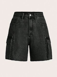 Solid Color Buttoned Denim Shorts With Pockets, Summer Black Casual   Denim Plain Straight Leg Non-Stretch  Women Clothing, size features are:Bust: ,Length: ,Sleeve Length: Jean Shorts Black, Black Cargo Shorts, Shorts Cargo, Black Cargo, Summer Black, Denim Shorts Women, Black Denim Shorts, Short En Jean, Casual Denim