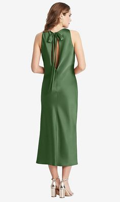 Chic Bridesmaid Midi Dress With Bias Cut, Sleeveless Satin Dress With Back Opening For Spring, Chic Midi-length Bridesmaid Dress, Chic Midi Bridesmaid Dress, Chic Knee-length Midi Dress With Cutout Back, Chic Formal Bridesmaid Dress Midi Length, Elegant Summer Dresses With Cutout Back, Spring Satin Midi Dress With Back Opening, Chic Midi Bridesmaid Dress For Prom