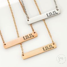 ✨This Personalized Bar Necklace comes with your personalized date on the front. Great gift for Anniversaries, Birthdays or Mother's Day.✨ *Includes: 1 Stainless Steel Bar Necklace *Professionally Engraved for a permanent design that will NOT fade over time *100% Designed and Handmade in California, USA *Shipping Upgrades Available at Checkout *Size & Material: HIGH Quality Stainless Steel: 1.5 inch x 0.25 inch. Chain is 18 inches with 2 inch extender. Custom Text Rose Gold Jewelry For Anniversary, Custom Text Jewelry For Anniversary And Mother's Day, Custom Text Jewelry For Anniversary On Valentine's Day, Custom Text Jewelry For Valentine's Day Anniversary, Customizable Rose Gold Name Necklace For Wedding, Customizable Nameplate Necklace For Wedding Gift, Customizable Nameplate Jewelry For Wedding Gift, Personalized Adjustable Name Necklace For Wedding, Personalized Adjustable Necklace For Wedding Gift