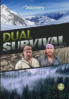 the dvd cover for dual survival shows two men standing in front of snow covered mountains