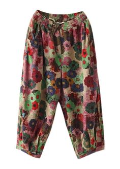 Retro Red Print Pockets Patchwork Cotton Crop Pants SummerFabric: Cotton 45%, Linen 55%Size & Fit: This garment fits true to size.Length: Size L measures 33.54"from waist to hem.Waist:Fitted - elastic waist allows stretch Hip: Loosely Fitted. room for hips. Hand Wash Cold. Baggy Wide-leg Patchwork Pants, Summer Pink Patchwork Pants, Multicolor Baggy High Waist Pants, Baggy Floral Print Trousers, Multicolor Non-stretch Harem Pants For Summer, Multicolor Cotton Harem Pants For Fall, Patchwork Harem Pants For Fall, Spring Multicolor Baggy Bottoms, Casual Patchwork Tapered Leg Bottoms