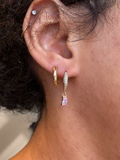 The cubic zirconia version of our barbie pink baguette hoops 💖 they're so sparkly & such a pretty pair of hoops. Perfect for everyday wear and they stack with other earrings so well💕 Materials ✨ The hoops are created with brass, making them more lightweight compared to my stainless steel hoops. The charm is cubic zirconia & both are 18k gold plated so they will keep their gorgeous gold shine ✨ your order will come in a reusable pouch for storage and makes a perfect way to gift.  Sizing:  Hoops Earring Combo, Hoops Gold, Earrings Everyday, Reusable Pouches, Bow Earrings, Gold Plated Earrings, Jewelry Earrings Hoops, Cute Earrings, Pink Bow