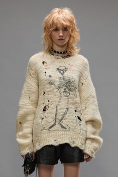 Distressed oversized sweater featuring a printed skeleton graphic. Color: Cream 100% Wool R13WY089-Y142B Imported Ripped Sweater, Skeleton Graphic, Distressed Sweater, Cutout Sweater, Ribbed Maxi Dress, Portfolio Ideas, Distressed Sweaters, Sweater Cream, Knitwear Design