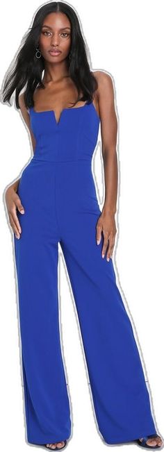 Chic Blue Strapless Stretch Jumpsuit, Chic Blue Stretch Strapless Jumpsuit, Chic Fitted Blue Strapless Jumpsuit, Blue Fitted Strapless Sleeveless Jumpsuit, Elegant Blue Strapless Jumpsuit, Notched Neckline, Lulu Fashion, Wide Pants, Wide Leg Jumpsuit