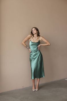 Green Midi Dress, Silk Slip Dress, Olive Bridesmaid Dress, Wedding Guest, Bachelorette Party, Satin Date Dress, Open Back Midi, Cowl Neck *  Size: Please write your chest, waist, hips, height, and we will make a dress to your individual measurements! After you place your order, we may ask you for additional measurements. We do this to ensure that the dress fits you perfectly👌😊 *  Product description: * The photo shows a satin dress in a shade of wormwood * Slim fit * Cowl neck * Spaghetti stra Green Fitted Backless Dress For Formal Occasions, Silk Bridesmaid Dress With Fitted Bodice, Sleeveless Satin Backless Dress For Bridesmaids, Fitted Bodice Midi Length Slip Dress For Bridesmaids, Fitted Midi-length Bridesmaid Dress For Wedding, Green Midi Dress With Fitted Bodice For Wedding, Green Sleeveless Satin Dress For Prom, Elegant Fitted Slip Dress For Bridesmaids, Fitted Midi Length Bridesmaid Dress For Wedding