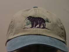 NEW EMBROIDERED BLACK BEAR WILDLIFE BASEBALL HAT (HATS SHOWN ARE KHAKI/FOREST GREEN, KHAKI/NAVY BLUE, KHAKI/ROYAL BLUE AND KHAKI/BLACK) Adams Optimum 6 Panel Two Tone Color Baseball Hat Low Profile - 100% Cotton Twill Adult Cap Pigment Dyed - Garment Washed Hat 6 Panels with Sewn Matching Eyelet Visor with 3 Rows of Stitching Pre-formed Bill - Leather Strap with Brass Grommet Adjustable - One Size Fits Most An Extremely Comfortable Baseball Hat! Enjoy the Embroidered Black Bear Wildlife Hat! We have 6 Different Two Tone Color Baseball Hats Available Please Choose the Color You Prefer! Thanks for Shopping at Price Embroidery & Apparel! Embroidery Apparel, How To Wash Hats, American Animals, Bear Hat, Embroidery On Clothes, Granola Girl, Embroidered Hats, Exeter, New Energy