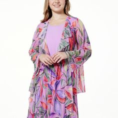 Antthony Printed Mesh Knit Long-Sleeve Ruffle Topper  Boasting a breezy, sheer mesh knit fabric and playfully printed pattern, this flirty ruffled topper is a must-have for any savvy style setter. Spring Purple Chiffon Top, Spring Long Sleeve Mesh Top With Graphic Print, Multicolor Sheer Long Sleeve Mesh Top, Flowy Printed Tunic Cover-up, Flowy Multicolor Tunic Cover-up, Multicolor Graphic Print Mesh Top, Urban Looks, Original Fashion, Cardigan Fashion