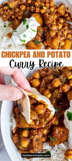 chickpea and potato curry recipe in a white bowl with rice on the side