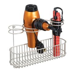 an orange and black hair dryer in a metal basket