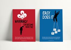 two posters on the wall one is saying easy does it and the other has an image of a man holding balloons