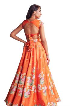 Orange attached cancan lotus printed lehenga embroidered with sequin and beads. Paired with padded blouse and dupatta embroidered with sequin, beads. - Aza Fashions Anarkali Lehenga With Digital Print For Party, Diwali Party Lehenga With Digital Print, Anarkali Choli With Digital Print For Party, Party Anarkali Choli With Digital Print, Fitted Dress With Digital Print For Diwali, Fitted Digital Print Dress For Diwali, Digital Print Choli For Navratri Party, Digital Print Sharara For Party, Fitted Digital Print Sharara For Party