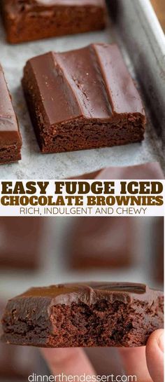 chocolate fudge iced brownies with rich, indulgent and chewy inside