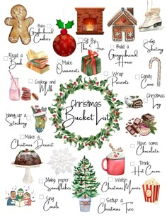 the christmas bucket list is filled with things to eat and drink for santa's day