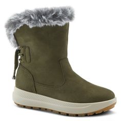 Flexus Style: Snowbird You will be warm, cozy and dry in these waterproof boots. Featuring a super-chic faux fur cuff and fleece lining and detailed on the back with a decorative lace. Upper: Microsuede Lining: Faux Fur Insole: Faux Fur Outsole: Polyurethane Closure: Slip-on Heel Height: 1 1/2" Platform Height: 1" Circumference: 11 1/2" Features: - Comfort, Flexible Sole, Padded Insole, Waterproof Size: EU 38.  Color: Green.  Gender: female.  Age Group: adult. Casual Boots With Faux Fur Trim For Cold Weather, Winter Faux Fur Boots For Cold Weather, Winter Boots With Plush Lining And Faux Fur, Winter Faux Fur Boots With Plush Lining, Fall Outdoor Boots With Faux Fur Trim, Casual Faux Fur Boots For Cold Weather, Casual Outdoor Boots With Faux Fur Trim, Casual Boots With Faux Fur Trim For Outdoor, Olive Green Shoes