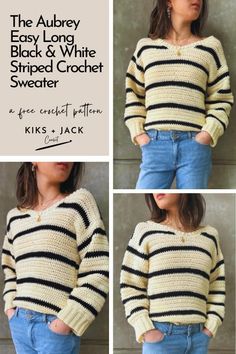 a woman wearing a striped sweater and jeans with the words, the aurey easy long sleeve striped crochet sweater