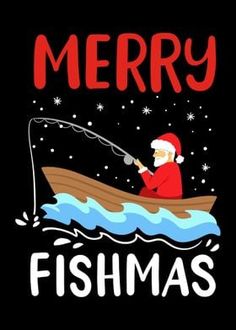 merry fishmas with santa claus in a row boat fishing on the ocean or lake